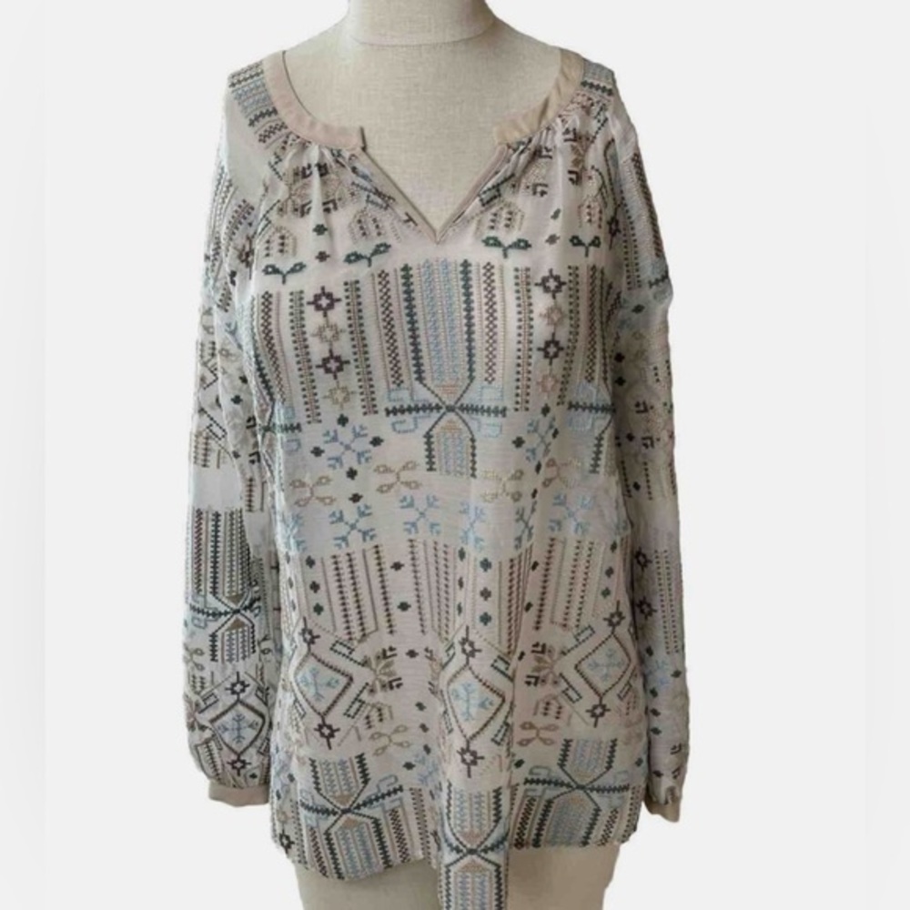 Soft Surroundings Size XL Tan Beige, Semi-Sheer Tunic Embroidered Boho